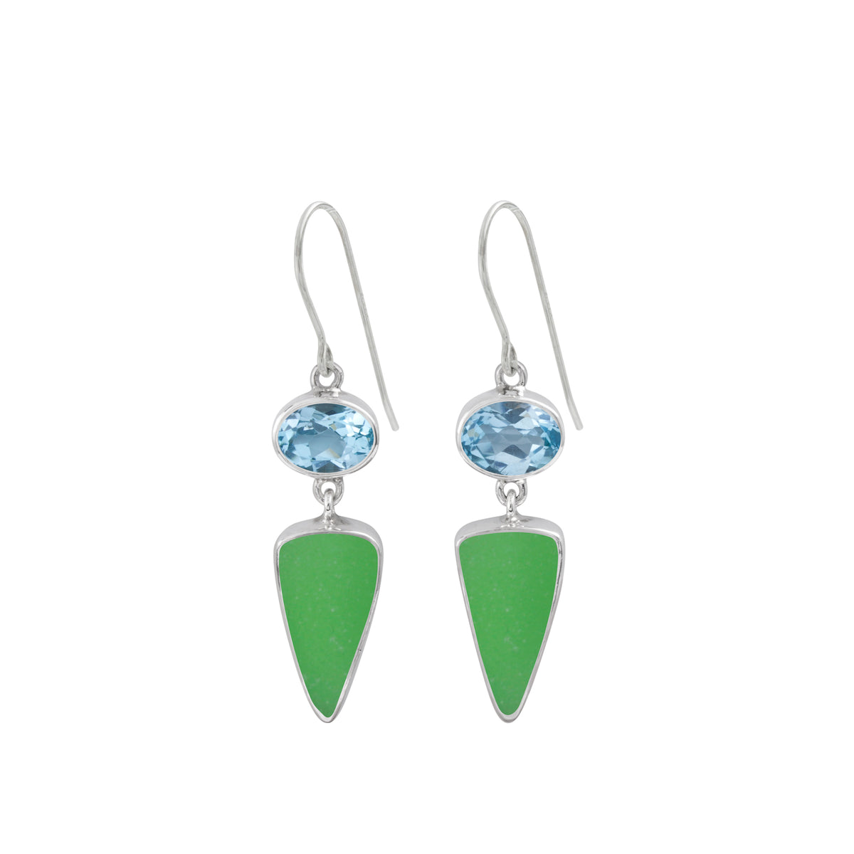 Sterling Silver Earring With Blue Topaz Oval Facet , Sea Glass Drop