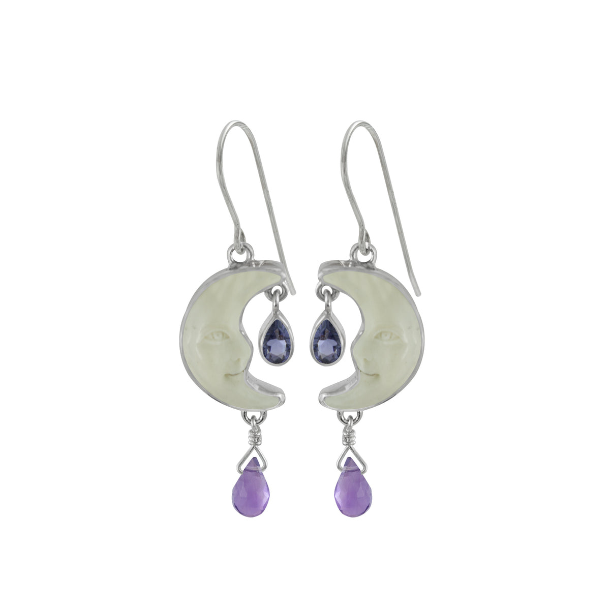 Sterling Silver Half Moon Face Earring With Peridot Pear Facet, Blue Topaz Briolet