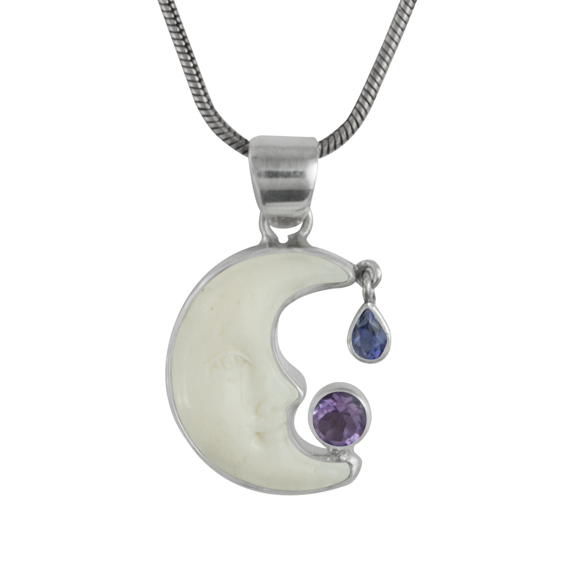 Sterling Silver Haf Moon Face With Iolite Peaar Facet, Amethyst Pear Briolet