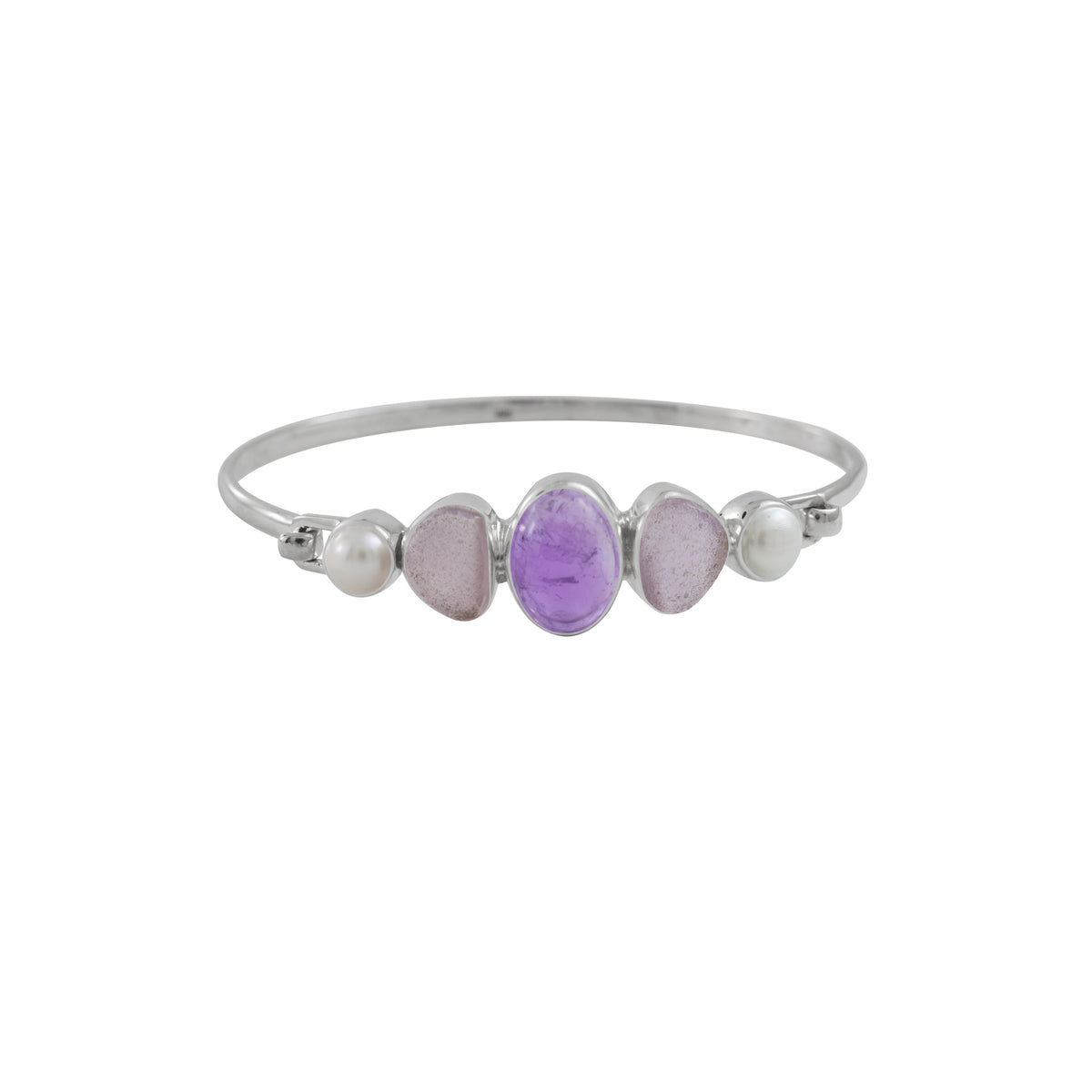 Sterling Siver Bracelet With Amethyst Oval Cabison, Sea Glass Lavender, Pearl Round