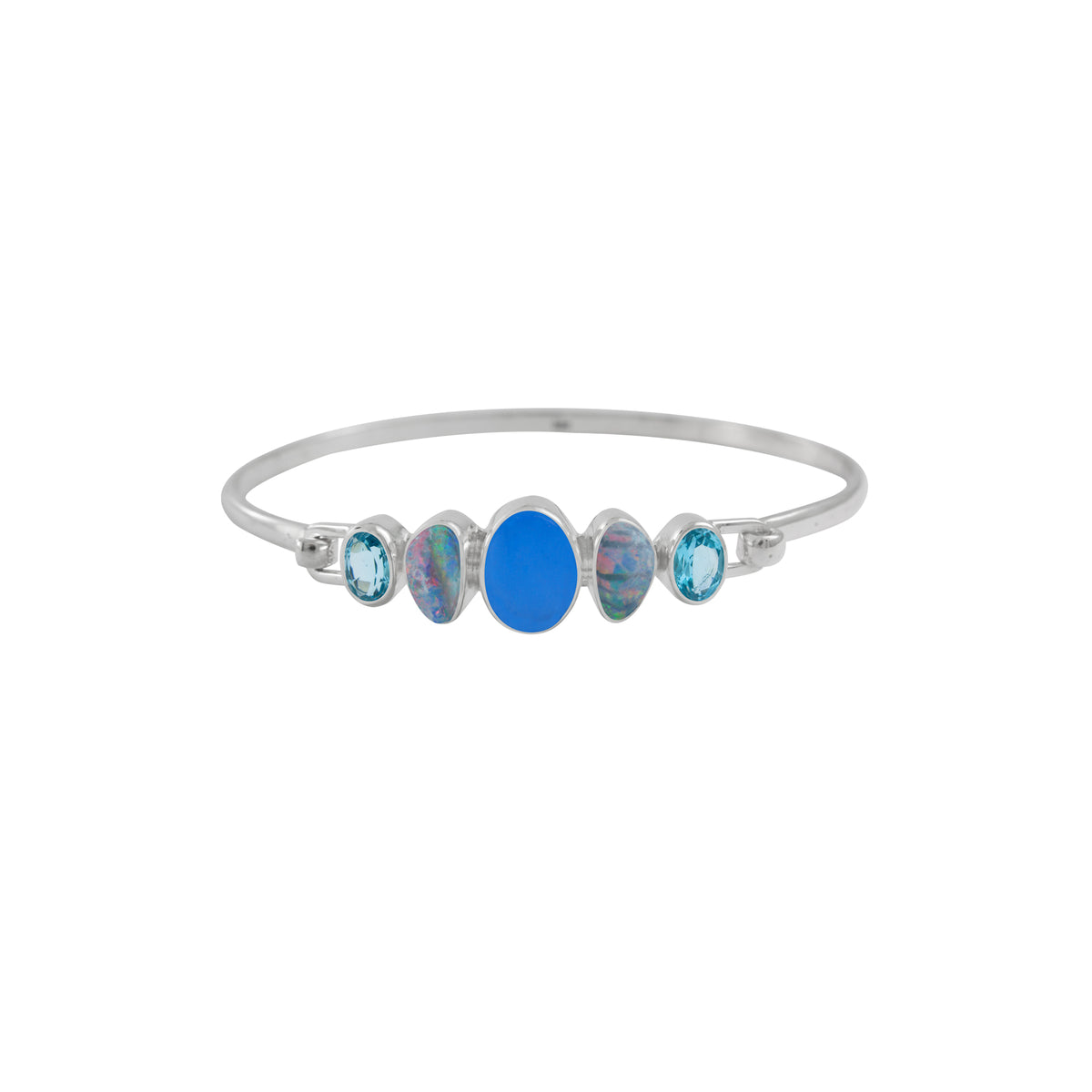 Sterling Silver Bracelet With Sea Glass Blue, Opal Free Form, Blue Topaz Oval Facet