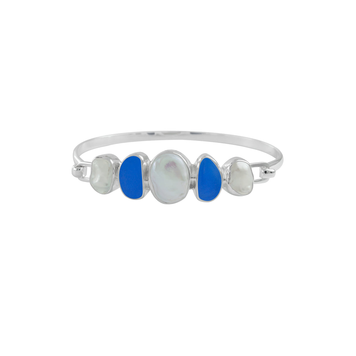 Fabulous Cobolt Blue Sea Glass, P &amp; Pearl Bracelet Bangle with Hook Closure.