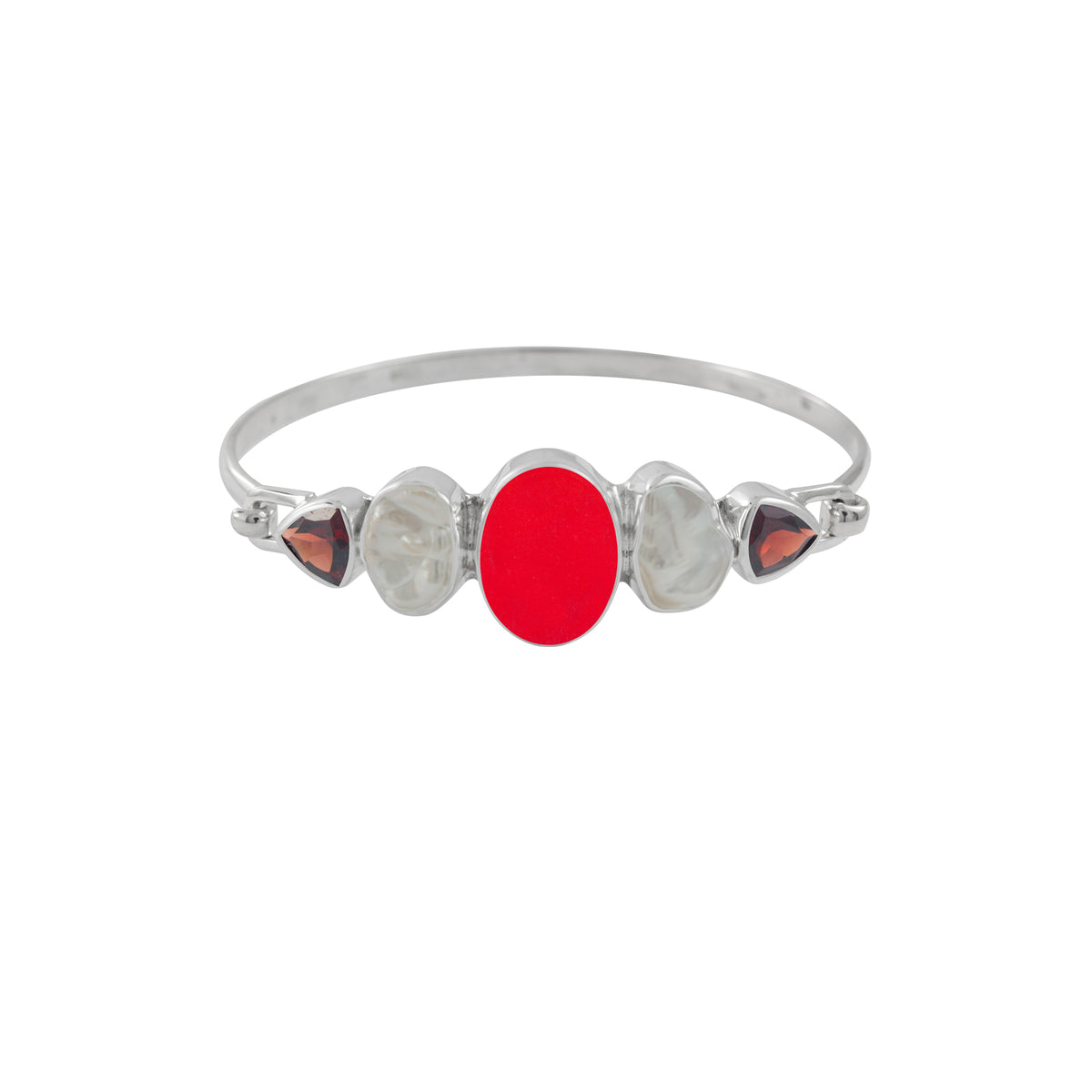 Sterling Silver Bracelet With Sea Glass Red, Pearl Keishi, Garnet Tri Angle Facet