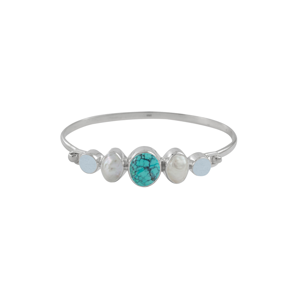 Sterling Silver Bracelet With Turquoise Oval, Pearl Keishi, Sea Glass Aqua