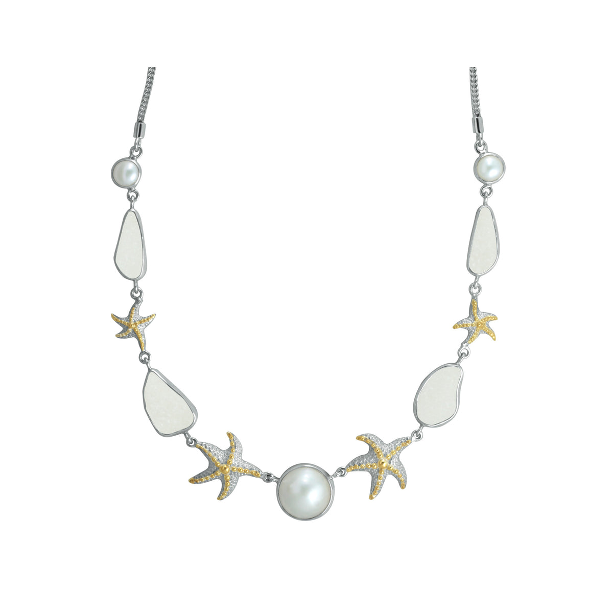 Sterling Silver Necklace With Pearl, White Sea Glass, Star Fish Components