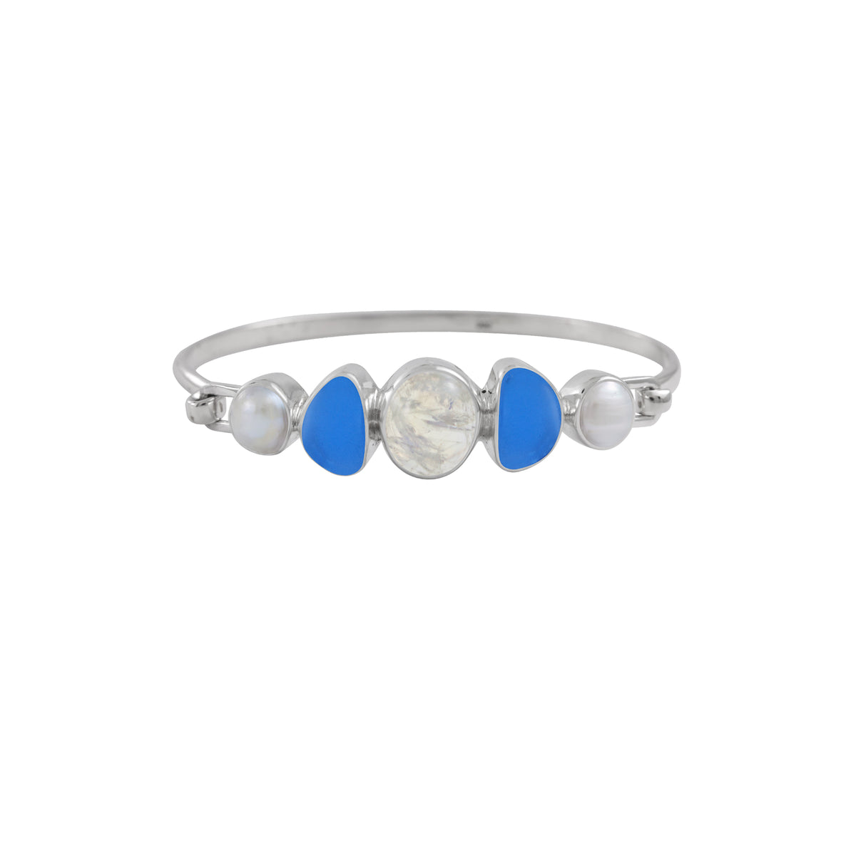 Sterling Silver Bracelet With Rainbowmoon Oval Cabison, Se Glass Blue, Pearl Round