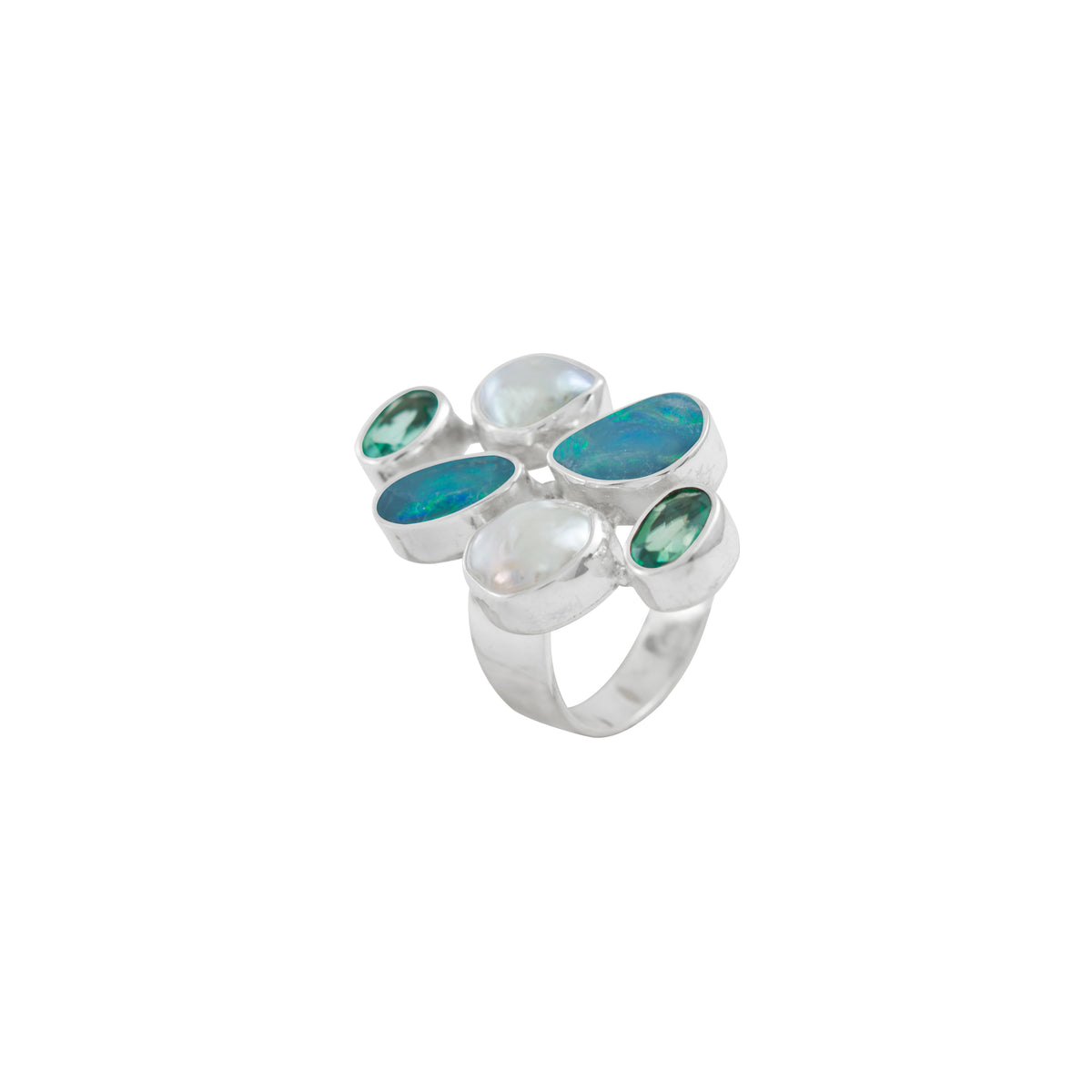 Silver Ring With Opal Free Form, Pearl &amp; Green Topaz