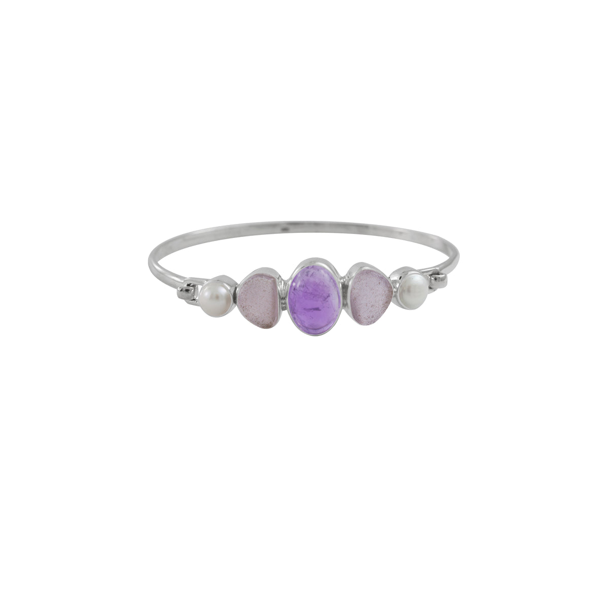 Sterling Siver Bracelet With Amethyst Oval Cabison, Sea Glass Lavender, Pearl Round