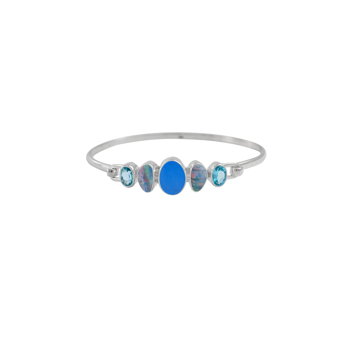Sterling Silver Bracelet With Sea Glass Blue, Opal Free Form, Blue Topaz Oval Facet