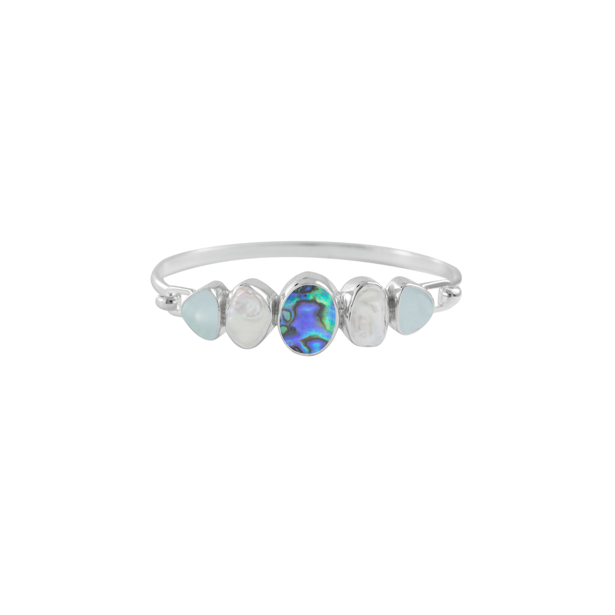 Fabulous Aqua Sea Glass, Paua Shell &amp; Pearl Bracelet Bangle with Hook Closure.