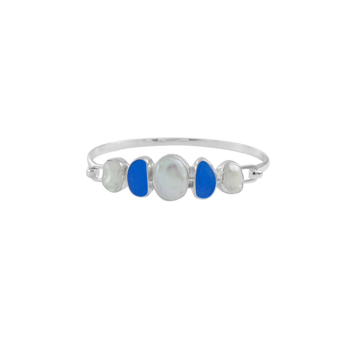 Fabulous Cobolt Blue Sea Glass, P &amp; Pearl Bracelet Bangle with Hook Closure.