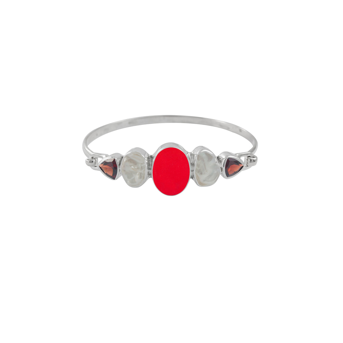 Sterling Silver Bracelet With Sea Glass Red, Pearl Keishi, Garnet Tri Angle Facet