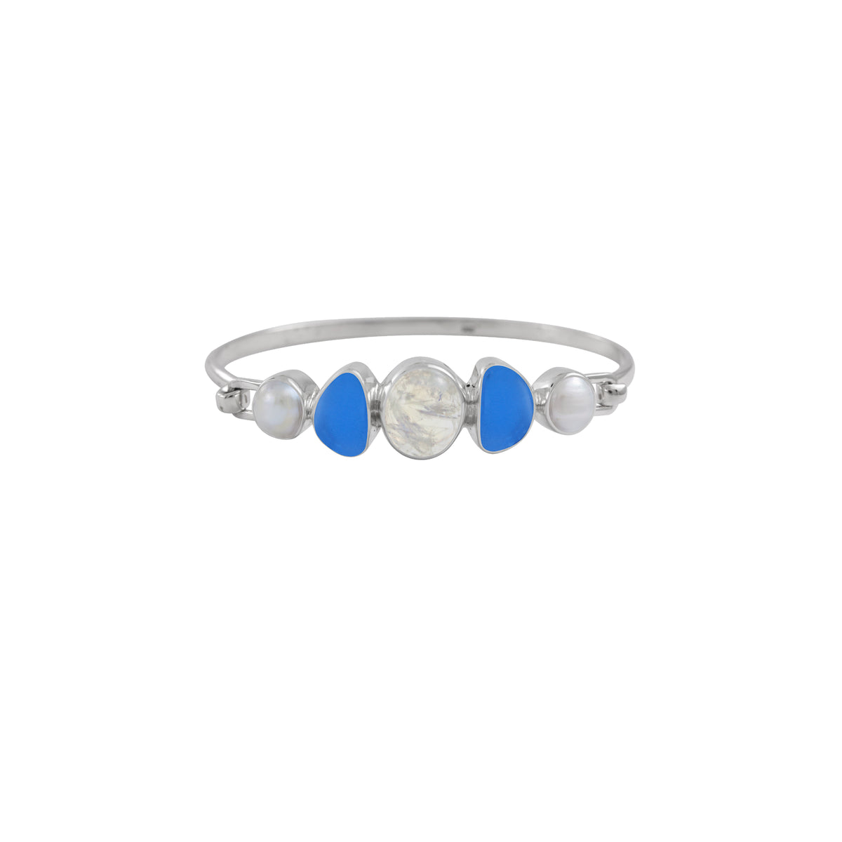 Sterling Silver Bracelet With Rainbowmoon Oval Cabison, Se Glass Blue, Pearl Round