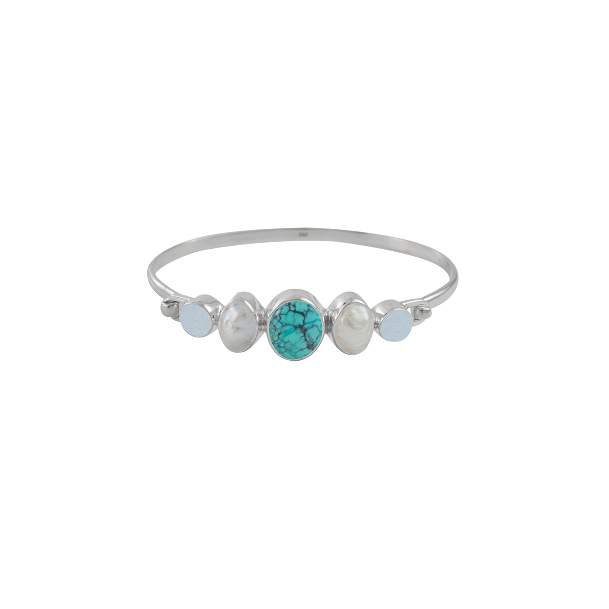 Sterling Silver Bracelet With Turquoise Oval, Pearl Keishi, Sea Glass Aqua