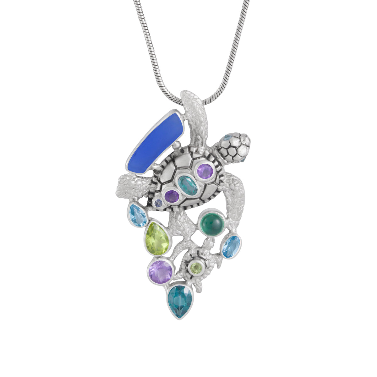 Exquisite Turtle Pendant with Sea Glass and a cascade of colored gemstones