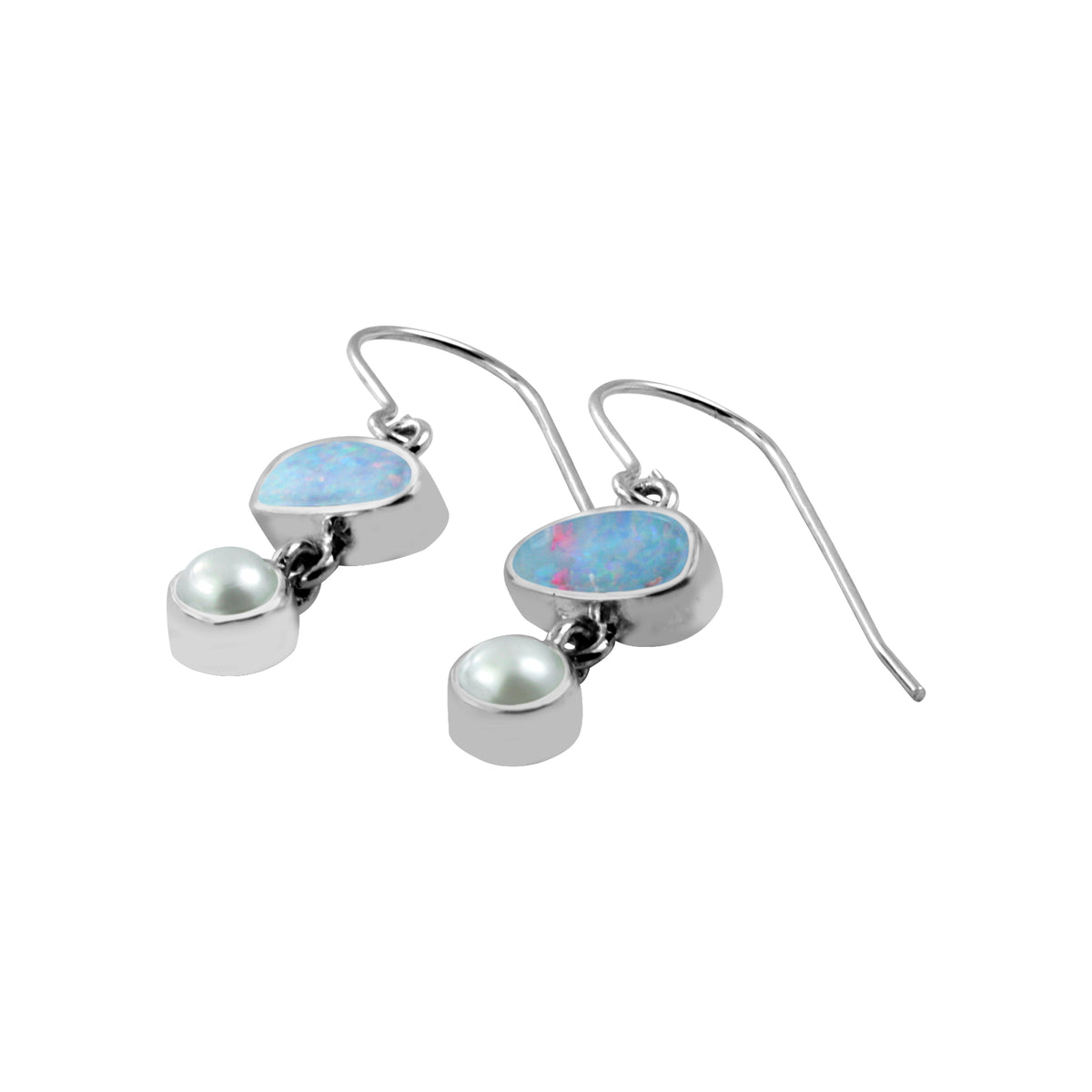 Silver Earring With Opal Free Form &amp; Pearl