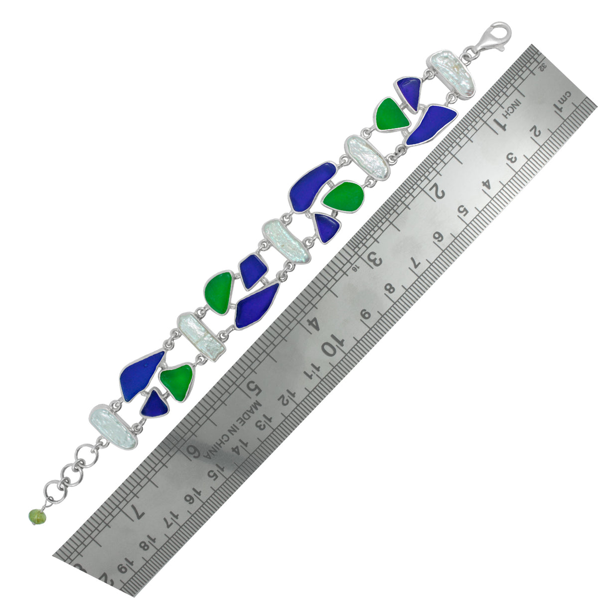 Sterling Silver Bracelet With Sea Glass Aqua, Blue, Green And Pearl