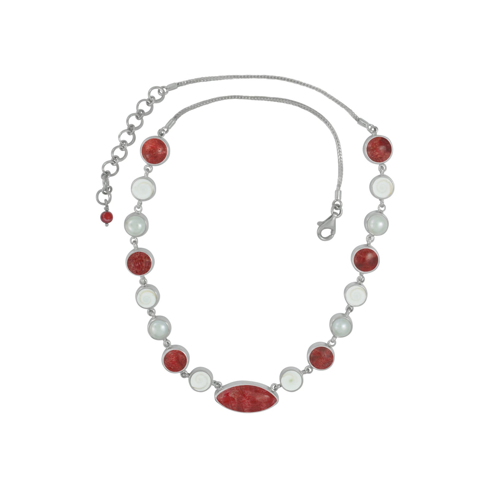 Sterling Silver Necklace With Sponge Coral, Pearl And Shell Spiral