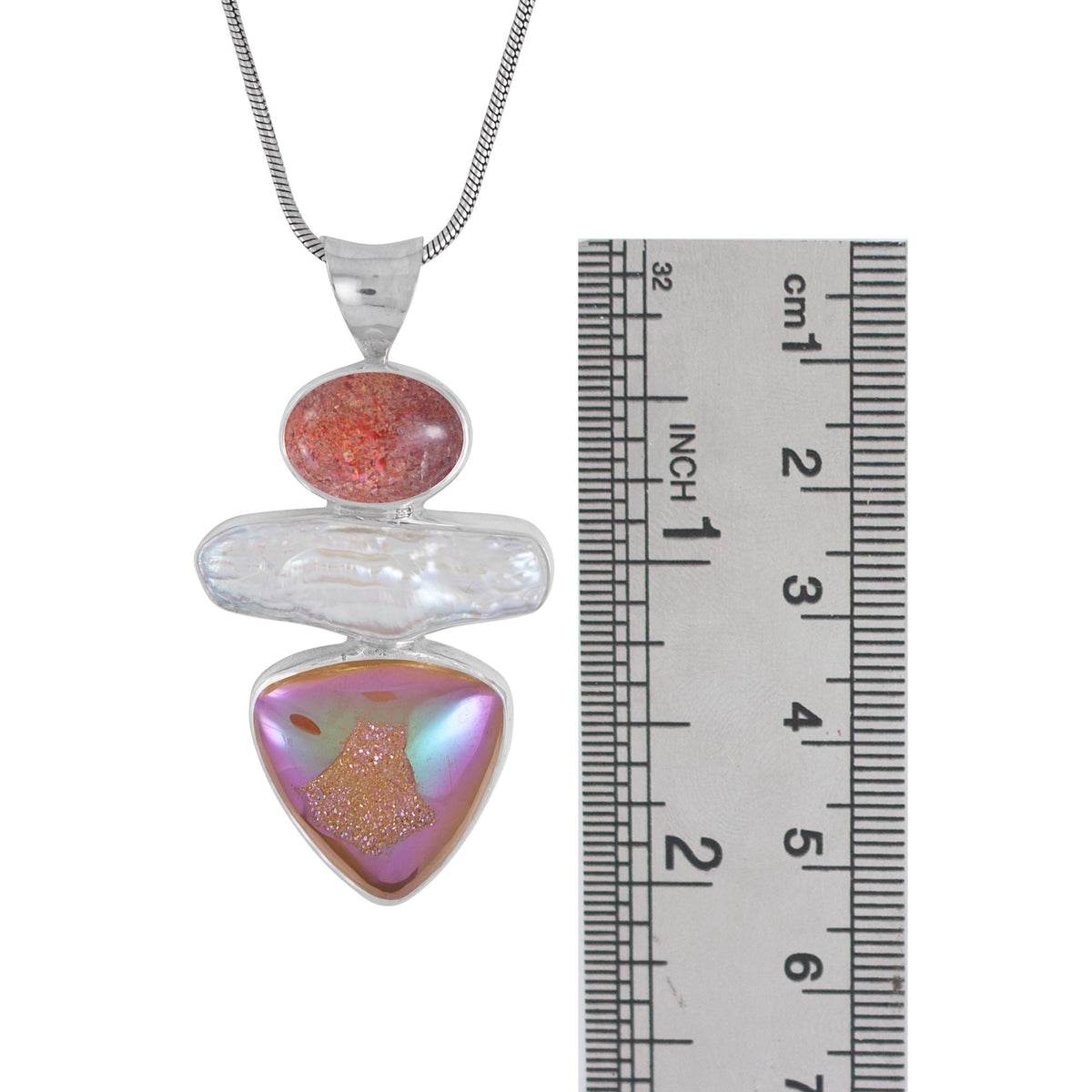 Sterling Silver Pendant With Sun Stone, Pearl Biwa, Druzy Strawberry Mocha Tri
