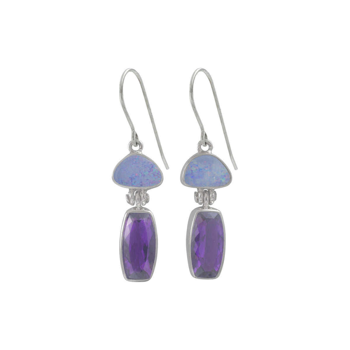 Sterling Silver Earring With Opal Free Form And Amethyst Stone