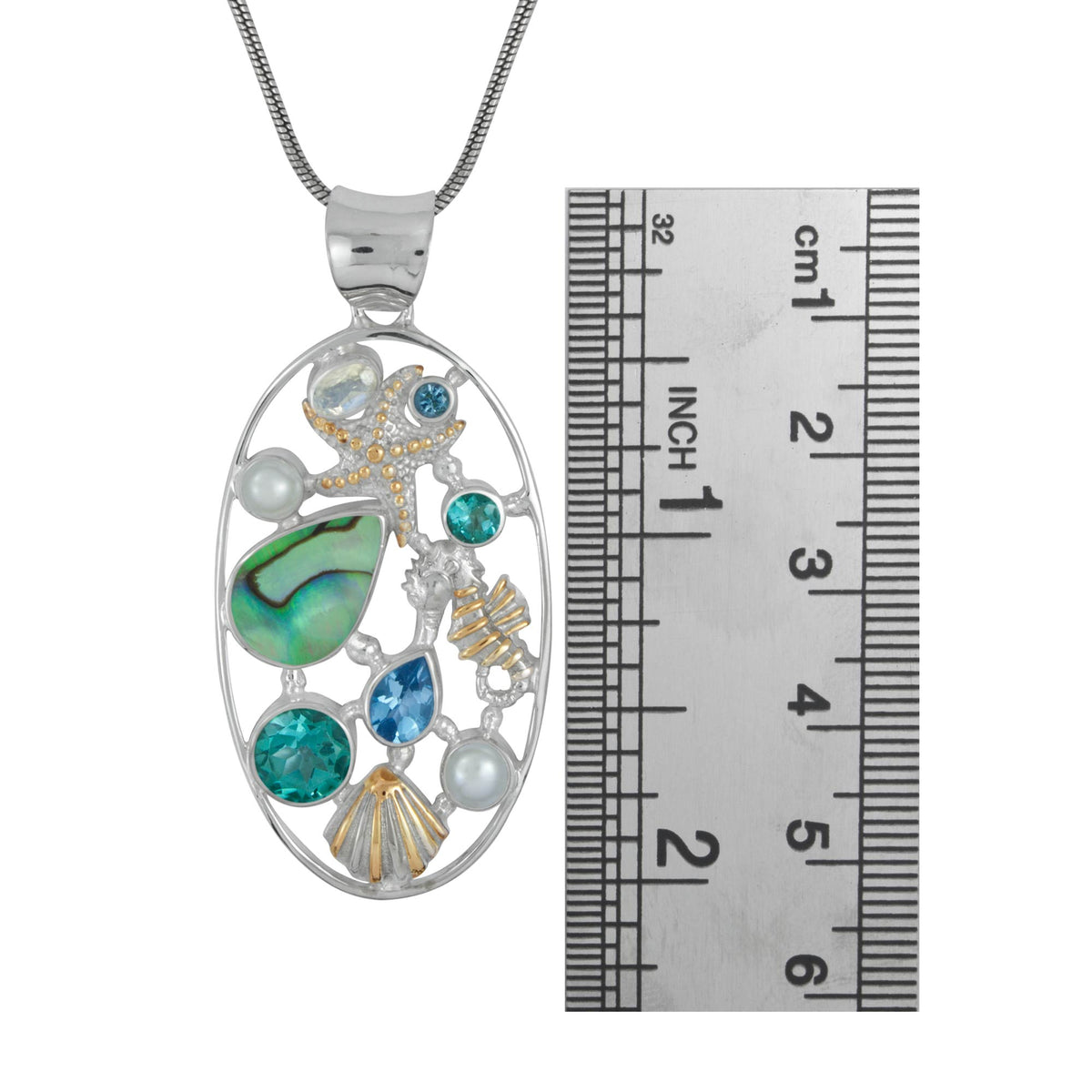 Silver Pendant With Multi Stone &amp; Sea Life Component Inside Oval Frame