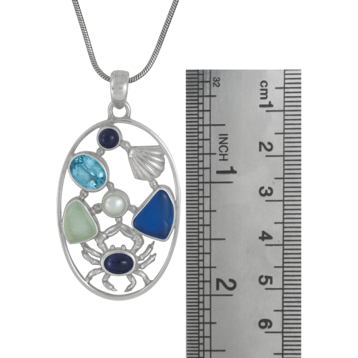 Silver Sea Life Pendant- a story of a little crab wearing a blue sweater, playing with a sea shell ,a pearl &amp; 2 pieces of sea glass