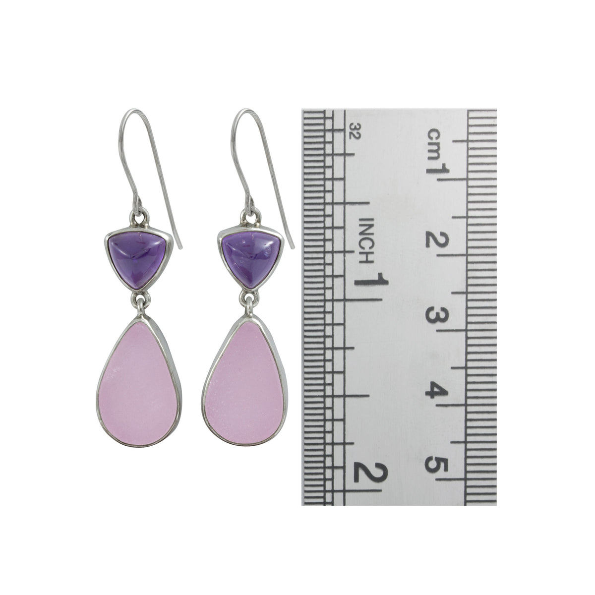 Silver Earring With Amethyst Triangle &amp; Sea Glass Lavender