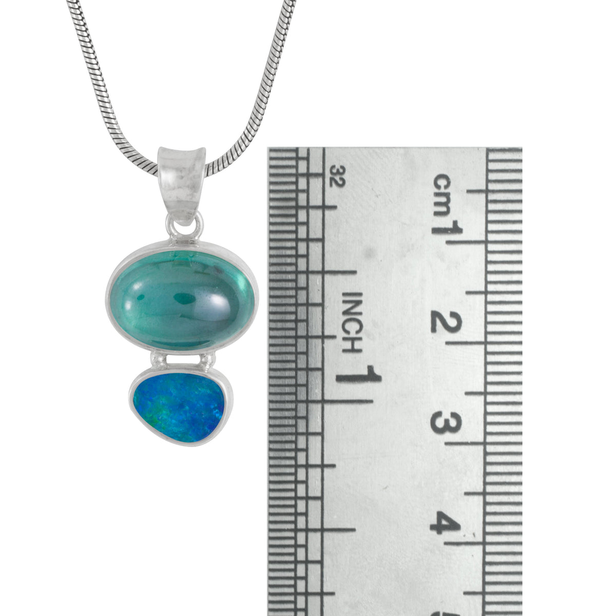 Silver Pendant With Green Topaz Oval Cab And Opal Free Form