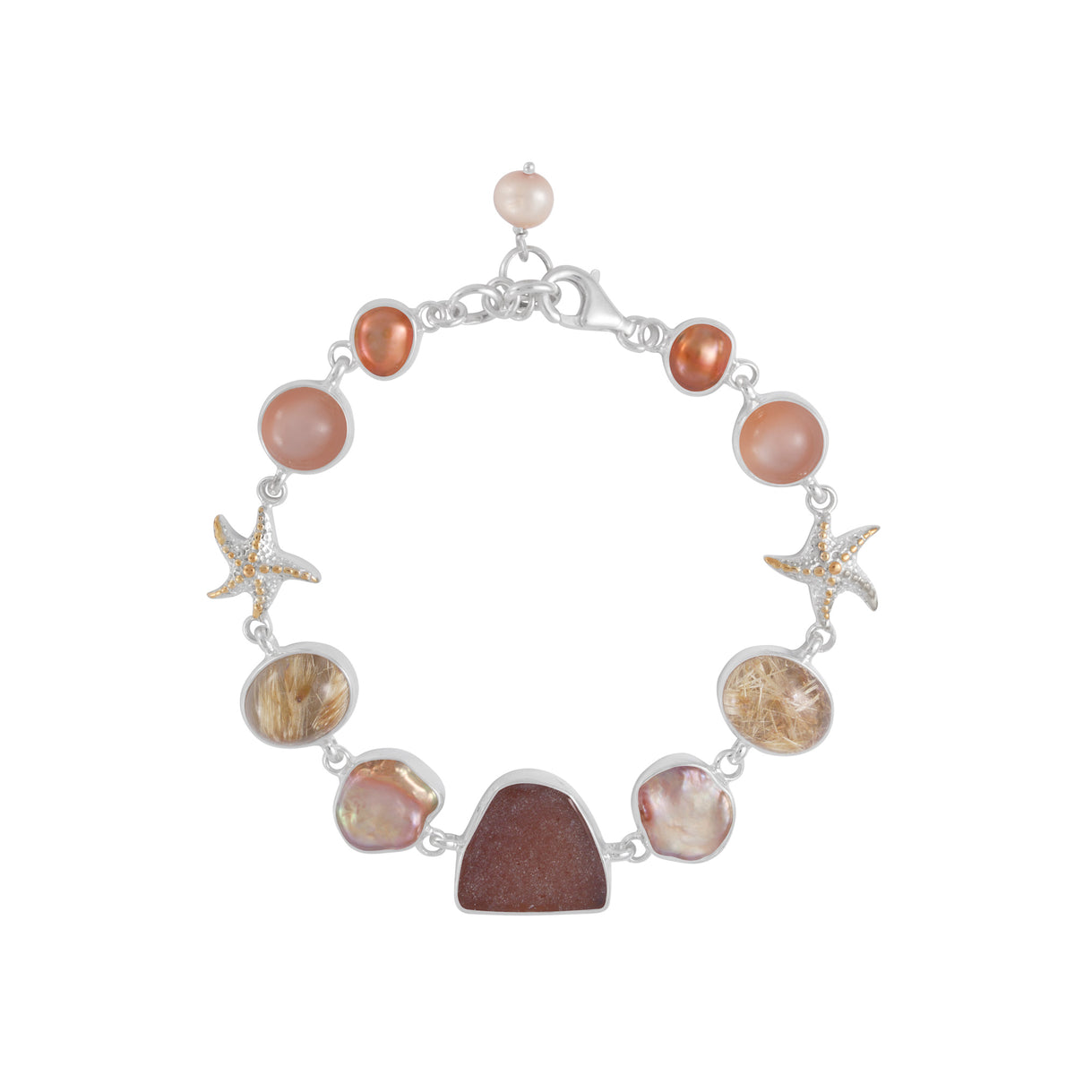 Sterling Silver Bracelet With Sea Glass, Rhutalited Quartz, Pearl And Star Componet