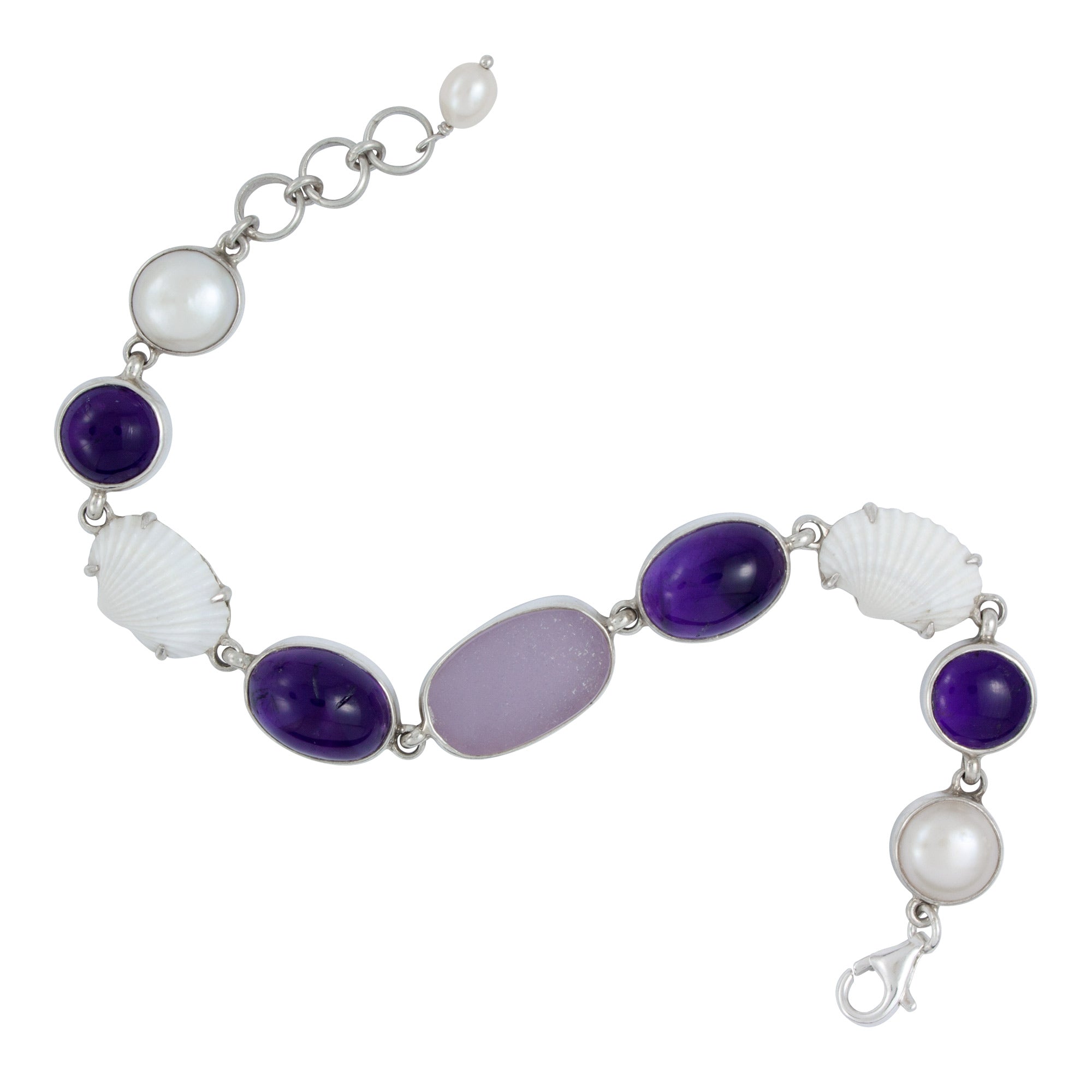 Silver Bracelet With White Ark, Amy Oval and Round, Lavender Sea Glass & Pearl Round