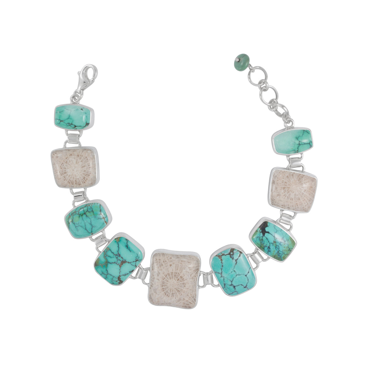 Sterling Silver Bracelet With 3 Palm And Turquoise Rectangle Cushion