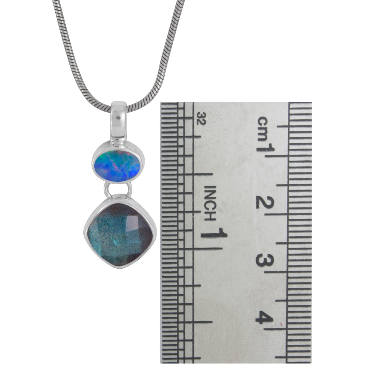 Silver Pendant With Opal &amp; Labradorite Square Cush Checker Drop