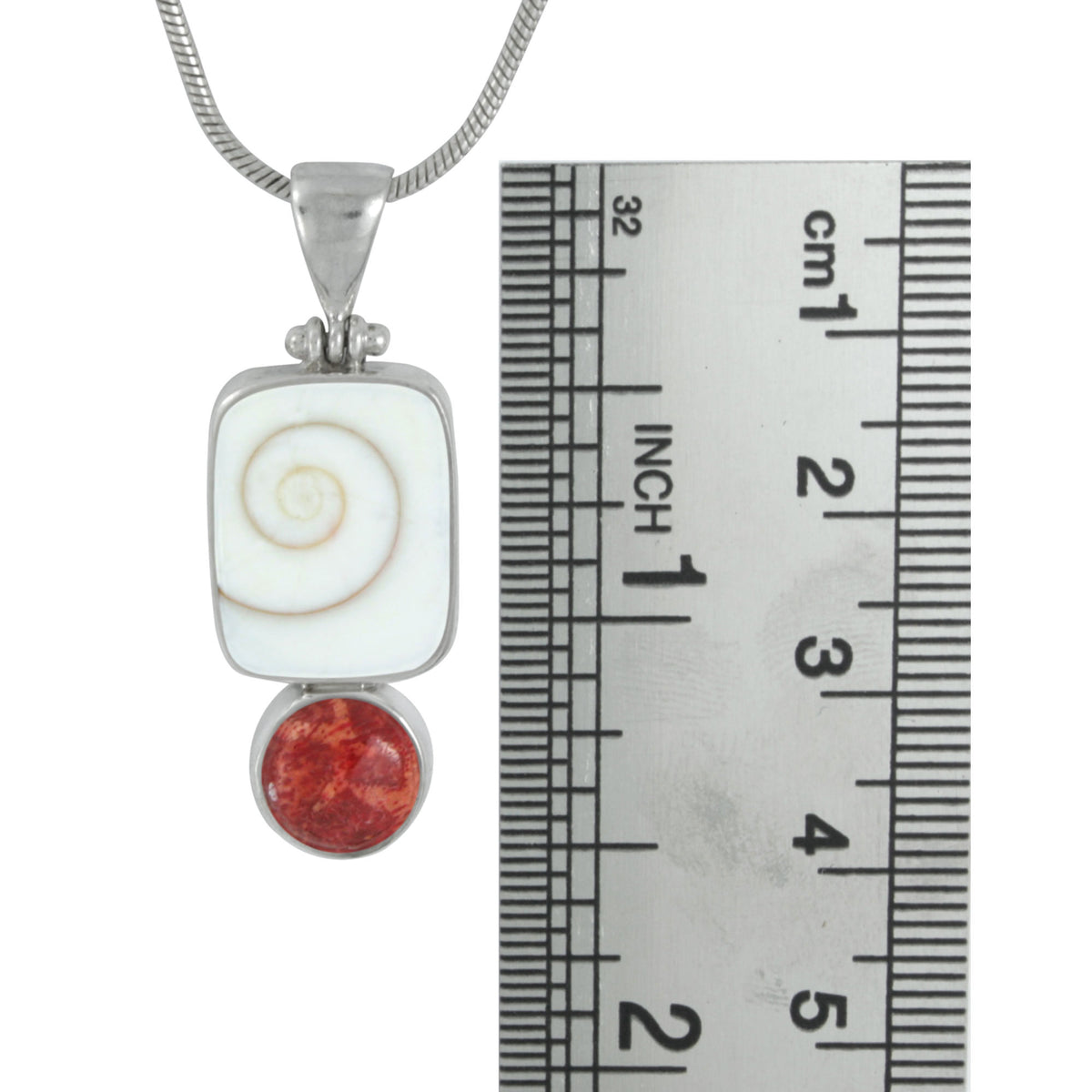 Silver Pendant With Shell Spiral Rectangle &amp; Sponge Coral Round