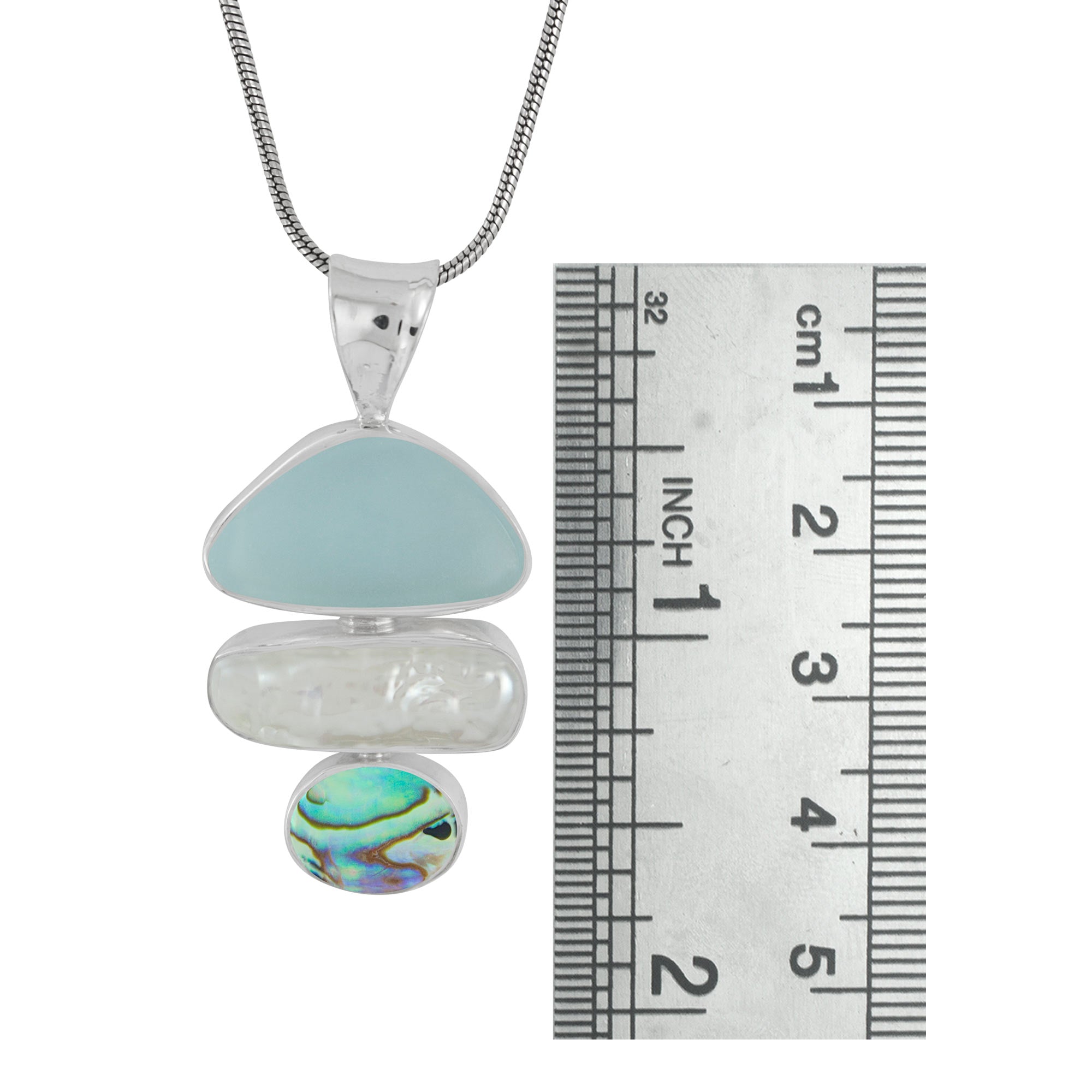 Sterling Silver Pendant With Sea Glass Aqua, Pearl Biwa, Paua Oval