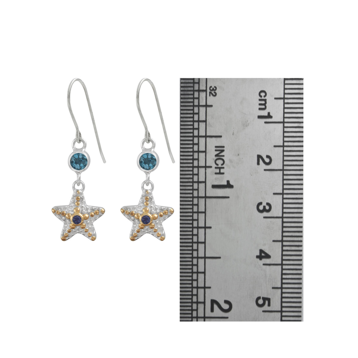 Adorable Starfish  Earring with blue topaz iolite and gold accents