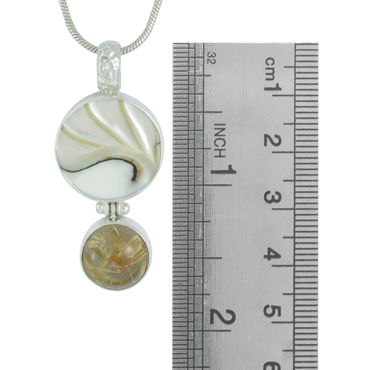 Shimmering Nautilas Shell Pendant with Rhudilated Quartz