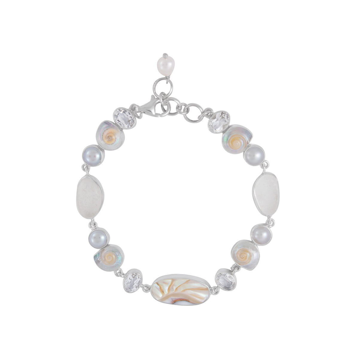 Sterling Silver Bracelet With Shell Malabar Turbos, Nautilas Oval, White Topaz Oval Facet And Pearl