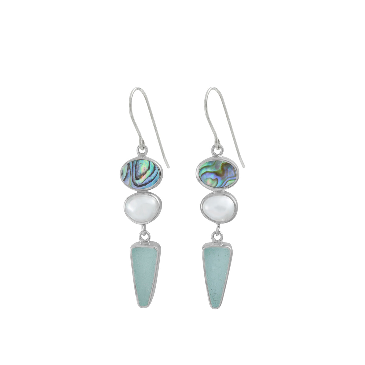 Sterling Silver Earring With Paua Oval, Pearl And Sea Glass Aqua Drop