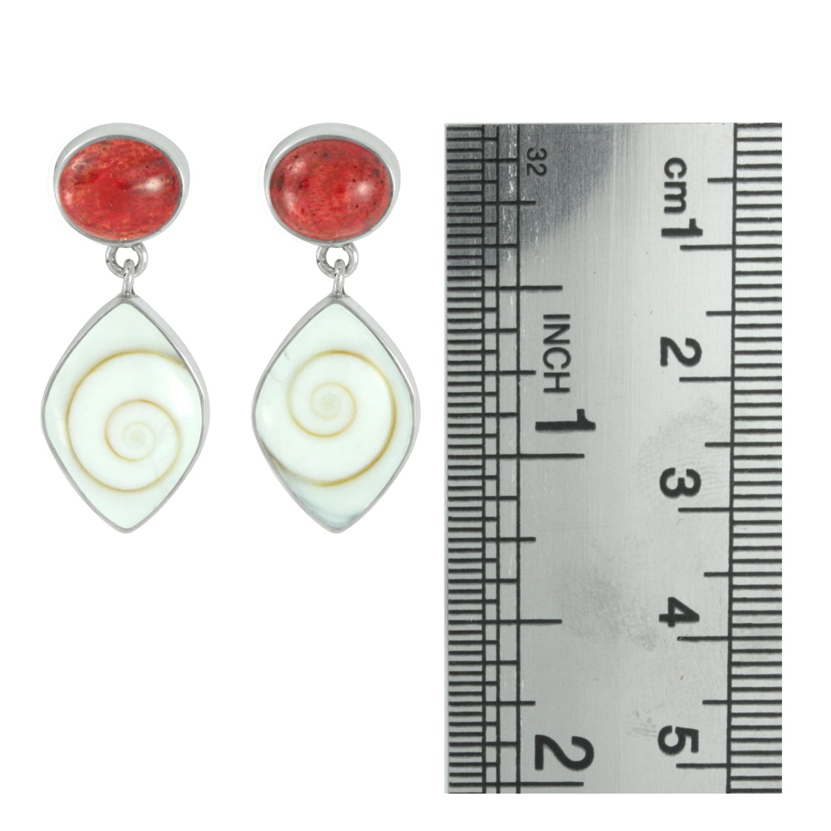 Silver Earring With Sponge Coral &amp; Spiral Shell Kite