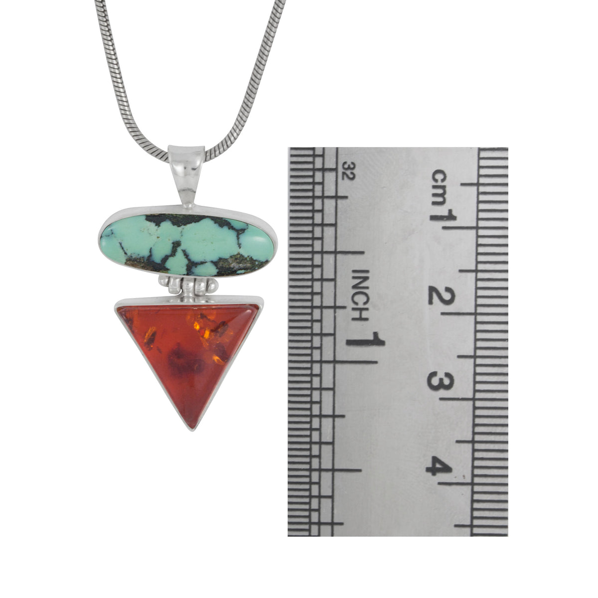 Silver Pendant With Turquoise Long Oval And Triangle Amber