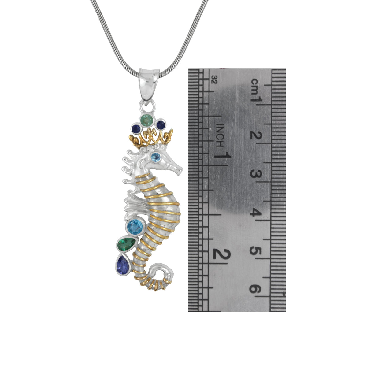 Silver Pendant With Sea Horse Component And Multi Color Stone