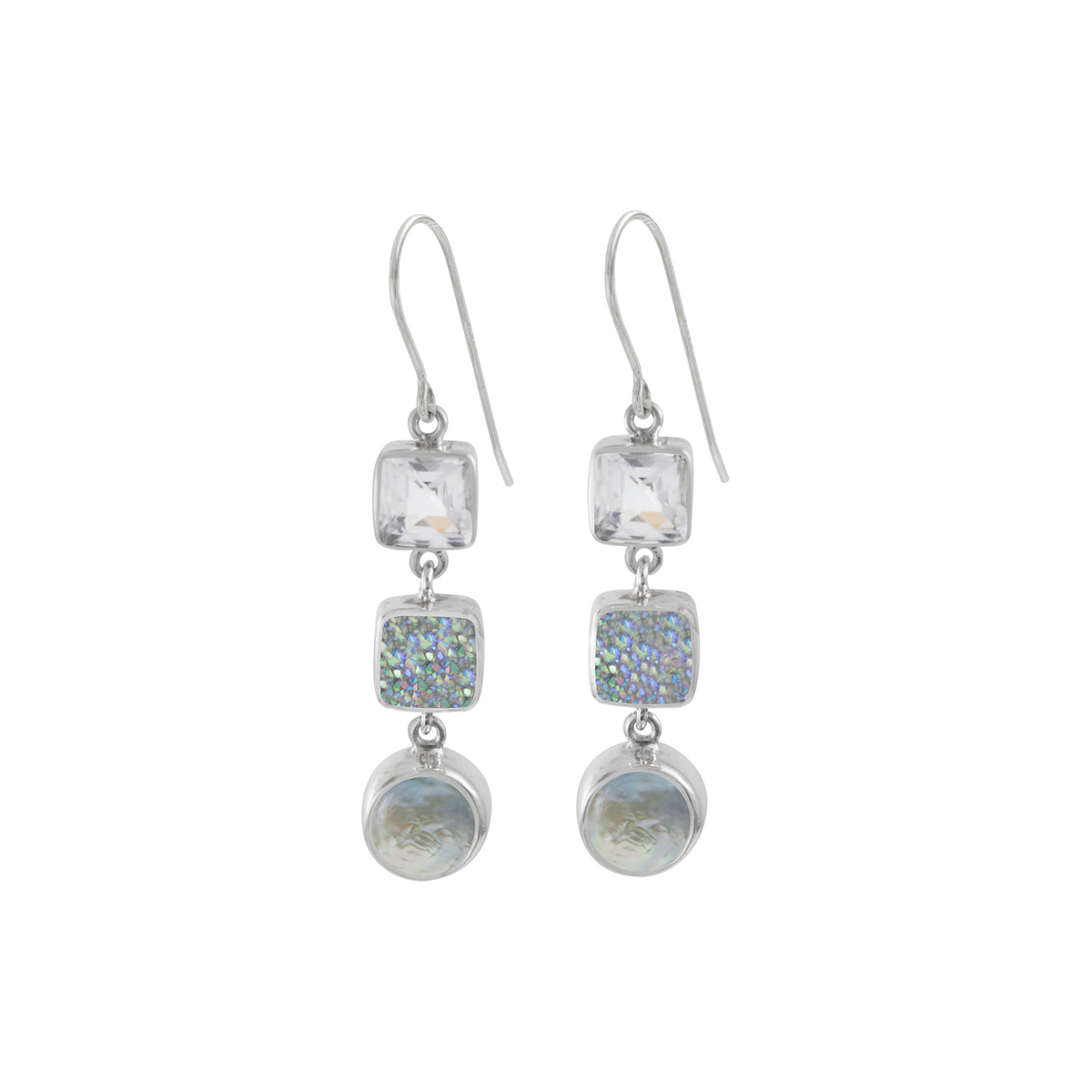 Sterling Silver Earring With White Quartz, Druzy Opal Square, Pearl Coin Drop