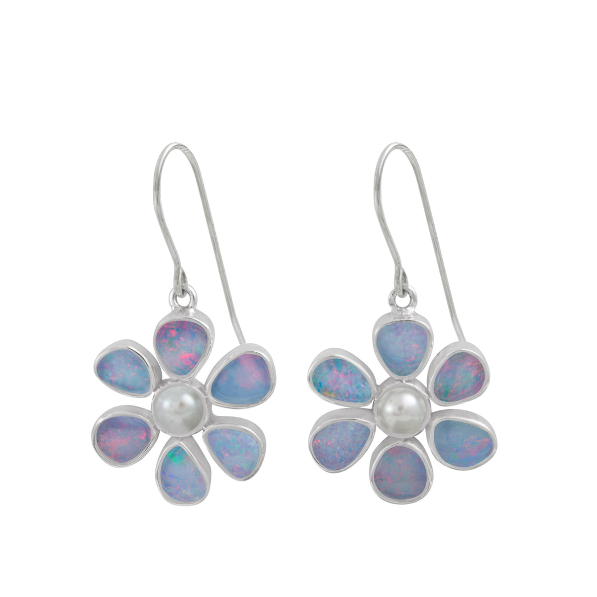 Silver Earring With Pearl &amp; Opal Flower Drop