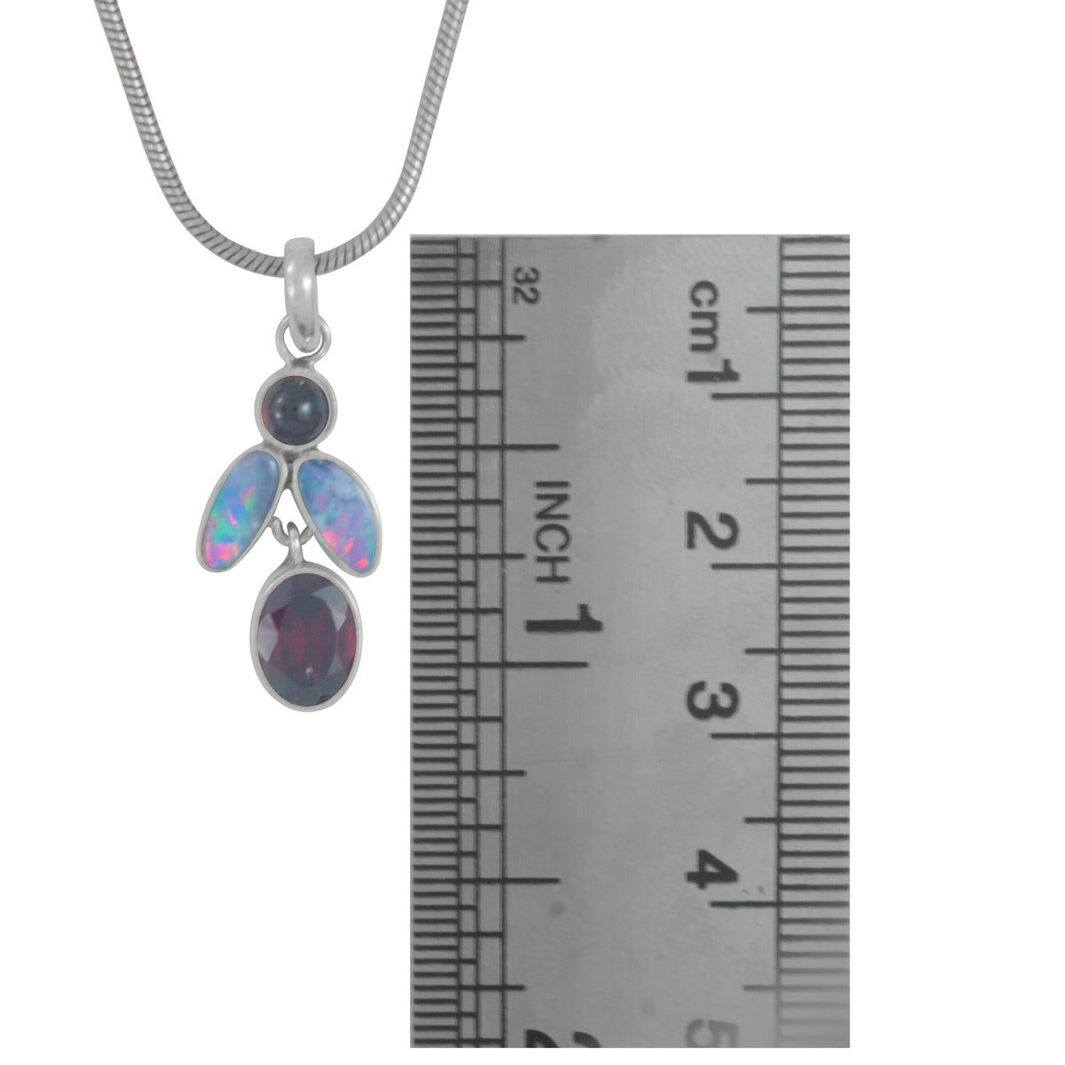Silver Pendant With Opal Flower Shape With Rhodolite Garnet Drop