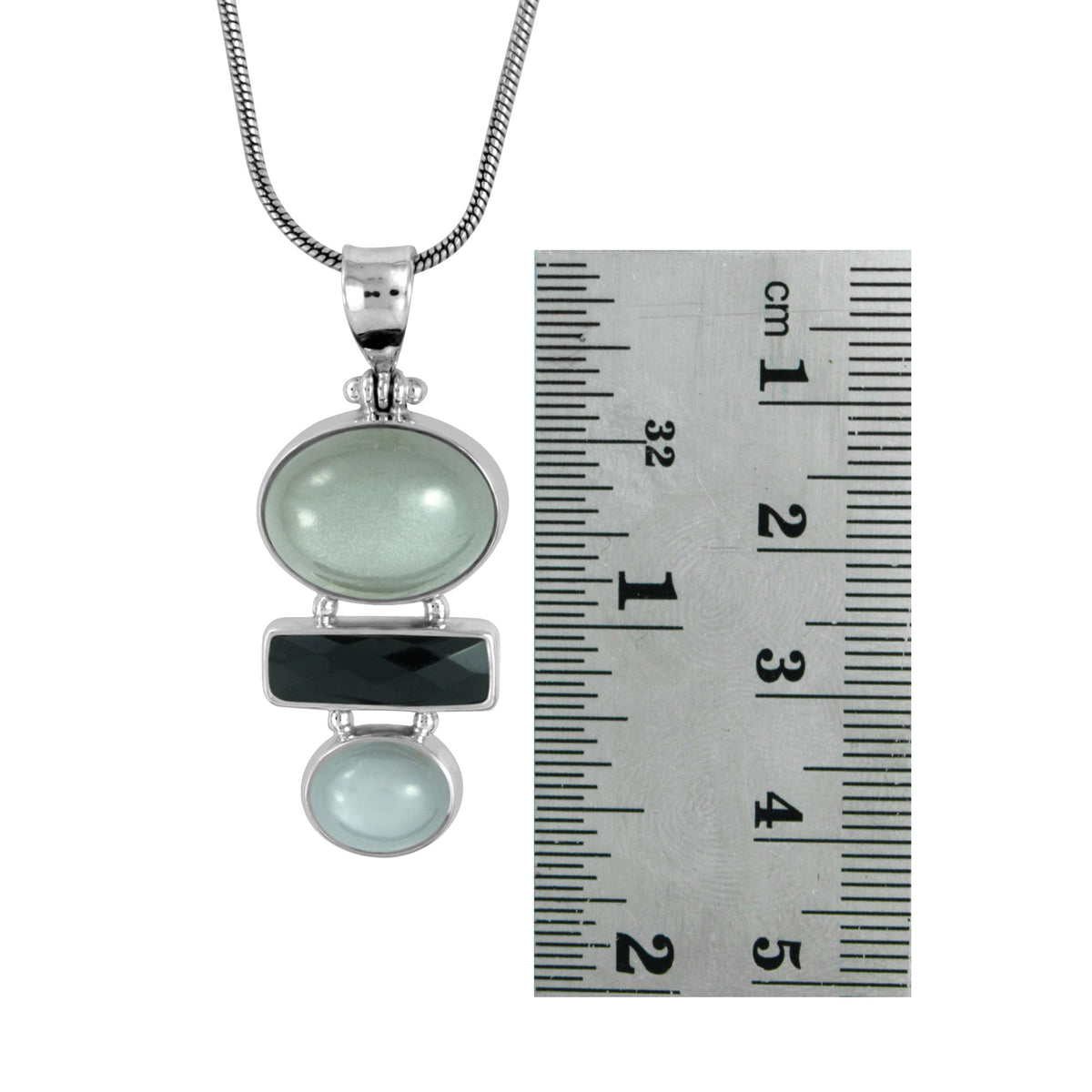 Silver Pendant With 2 Grey Moon Stone Oval &amp; Onyx Rectangle Brio