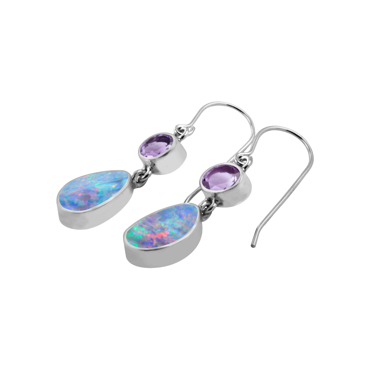 Silver Earring With Blue Topaz Oval &amp; Opal Free Form