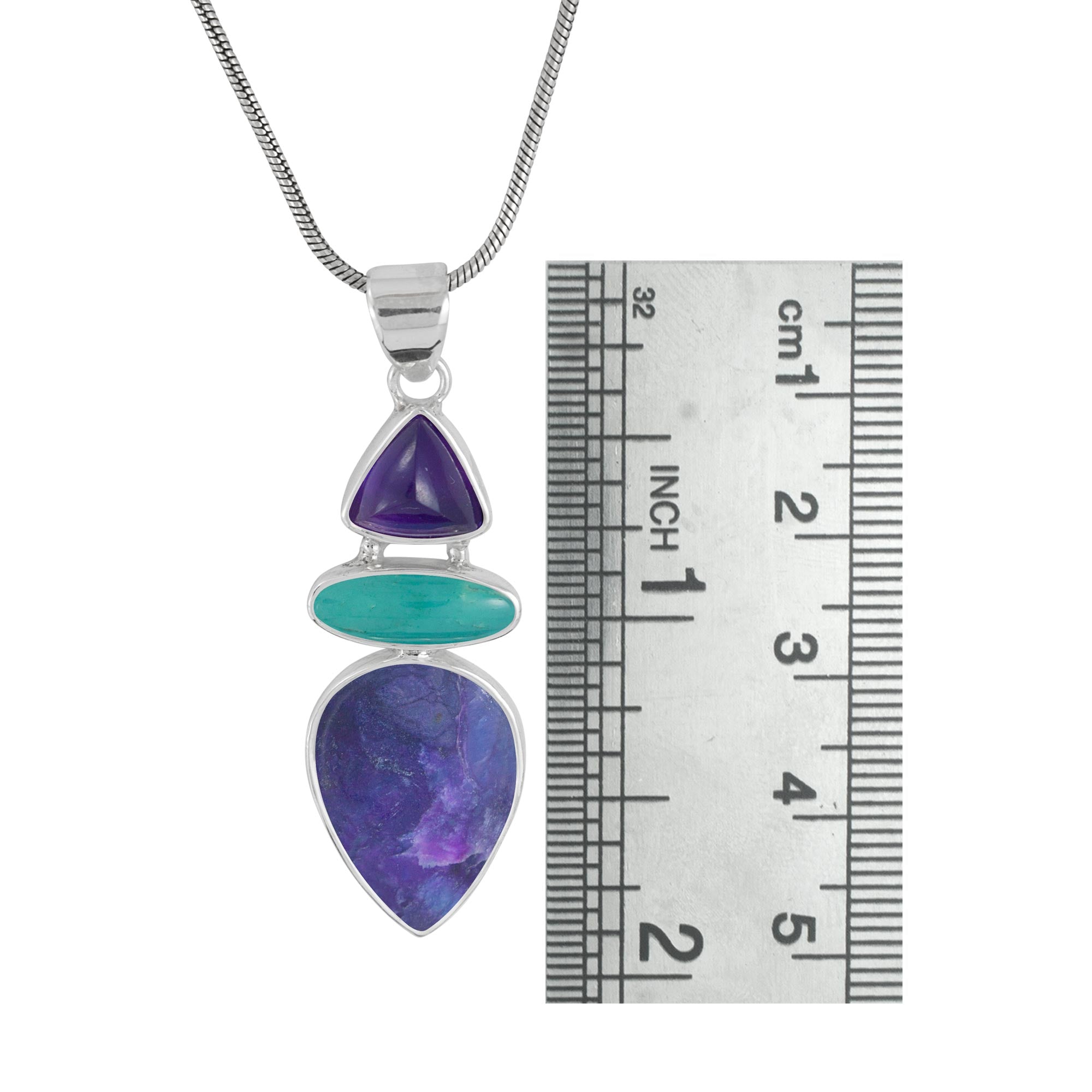 Sterling Silver Pendant With Amethyst Triangle Cabison, Turqouise Oval, Sugilate Pear