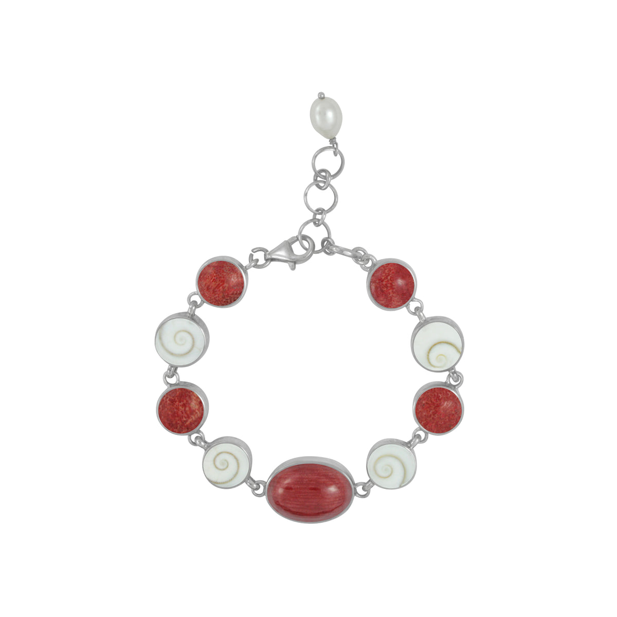 Sterling Silver Bracelet With Sponge Coral Oval, Shell Spiral Round