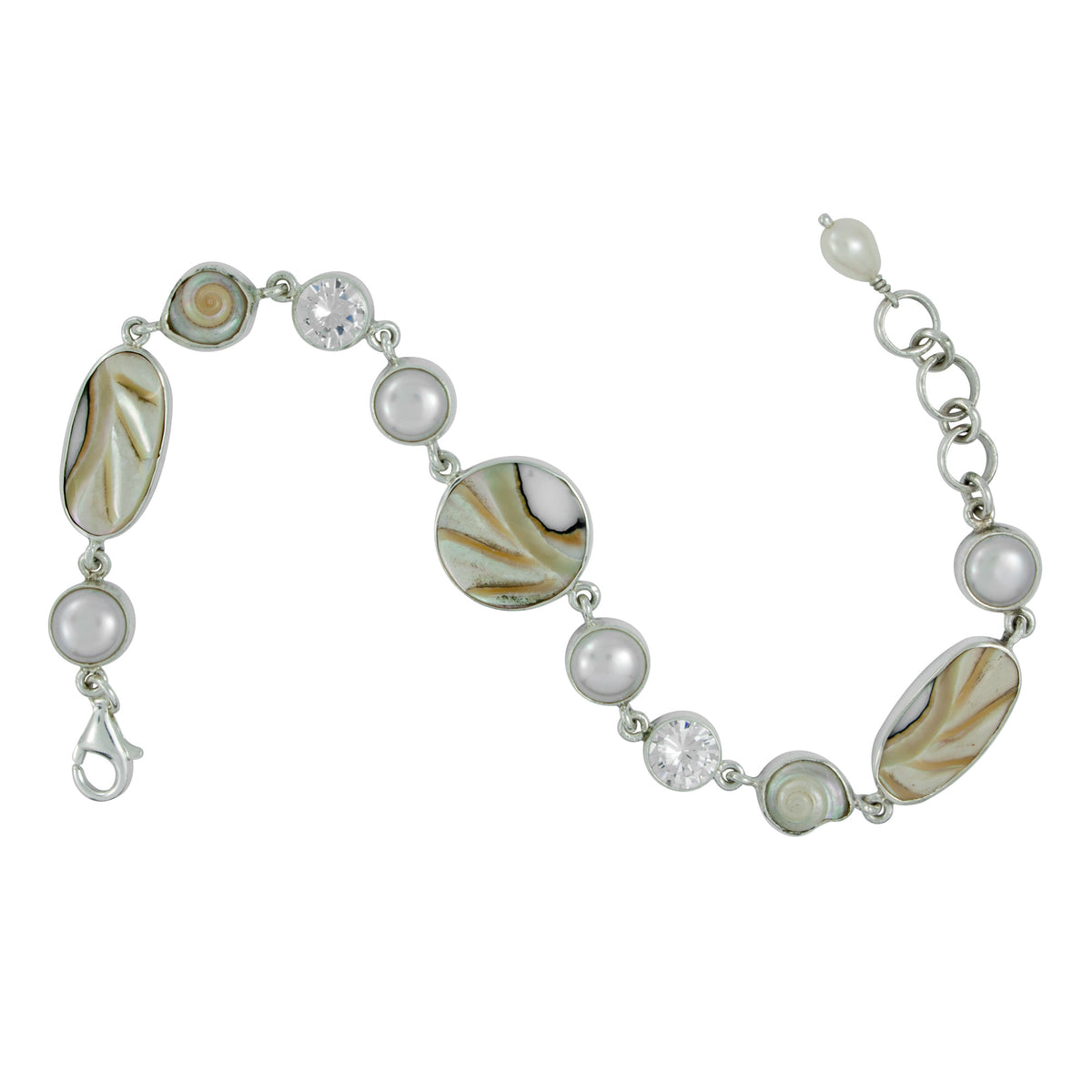 Silver Bracelet With Shell Nautilad Round &amp; Oval, Pearl Round, Shell Malabar Turbo