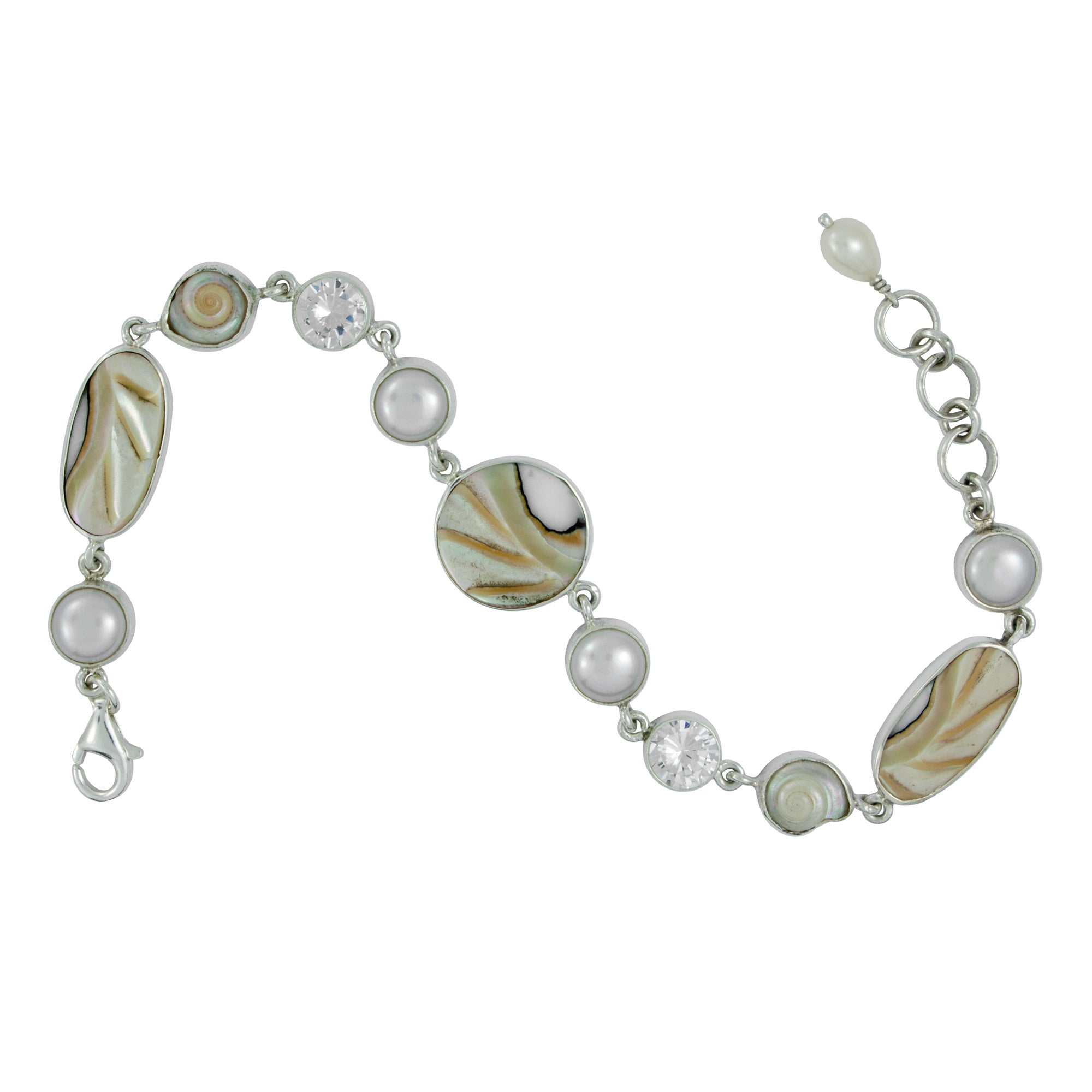 Silver Bracelet With Shell Nautilad Round & Oval, Pearl Round, Shell Malabar Turbo